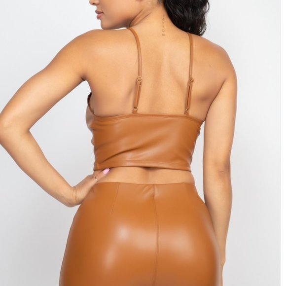 Spaghetti Leather Crop Top & Pants Set - Picture 2 of 6